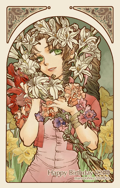 00s, 1990s_(style), 1girl, 2008, aerith_gainsborough, art_nouveau, artist_name, brown_hair, dated, drill_hair, female_focus, final_fantasy, final_fantasy_vii, flower, green_eyes, happy_birthday, kimagureneko, mana_tohno, retro_artstyle, smile, solo