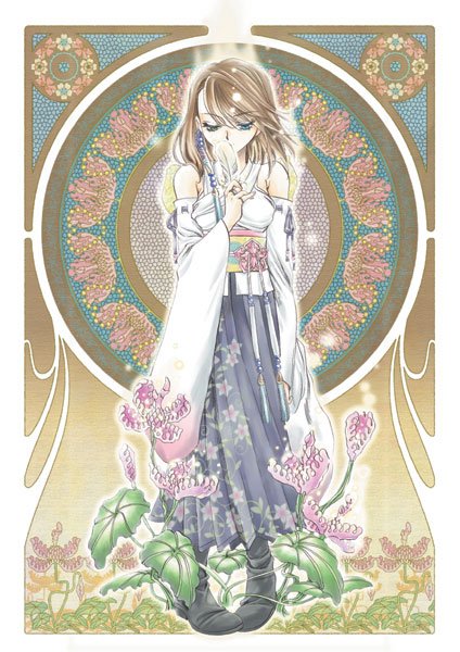 00s, 1girl, art_nouveau, blue_eyes, brown_hair, feathers, female_focus, final_fantasy