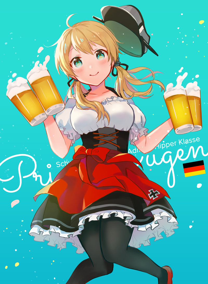 1girl, alcohol, anbutter_siruko, anchor_hair_ornament, apron, aqua_eyes, beer, beer_mug, black_pantyhose, blonde_hair, blush, breasts, character_name, cleavage, cross, cup, dirndl, dress, female_focus, german_clothes, hair_ornament, hat, holding, holding_cup, iron_cross, kantai_collection, large_breasts, long_hair, looking_at_viewer, mug, oktoberfest, pantyhose, peaked_cap, prinz_eugen, prinz_eugen_(kancolle), red_footwear, smile, solo, twintails, underbust
