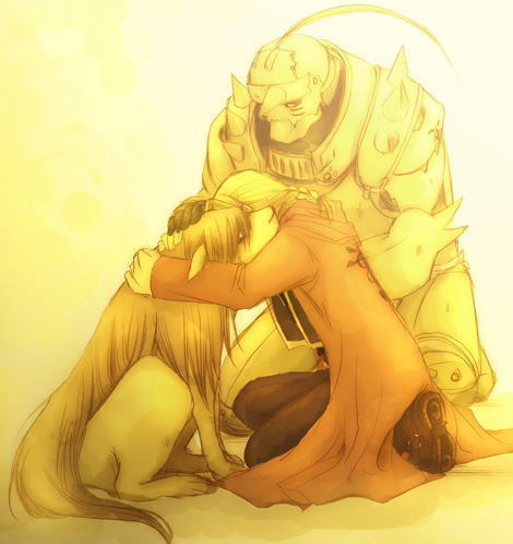 00s, 2boys, alphonse_elric, armor, braid, chimera, coat, dog