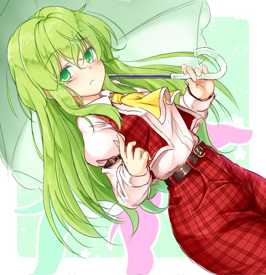 1girl, aka_tawashi, ascot, belt, blush, border, breasts, brown_belt