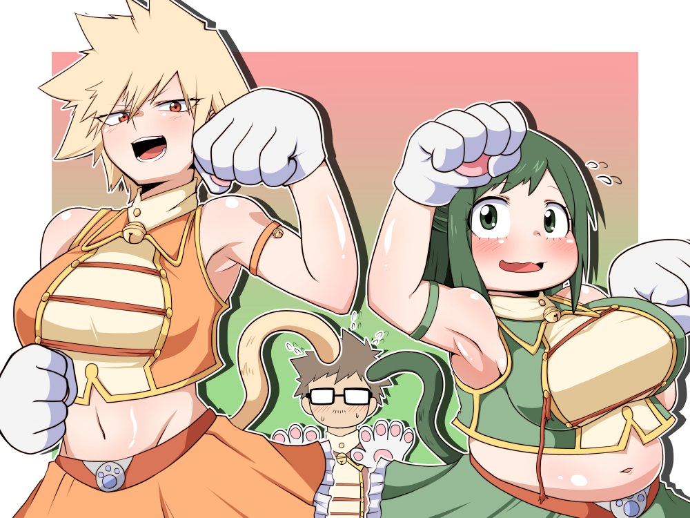 1boy, 2girls, animal_hands, armpits, bakugou_masaru, bakugou_mitsuki, bare_shoulders, belly, blonde_hair, blush, boku_no_hero_academia, border, breasts, cat_bell, cat_paws, cat_tail, fire_breath01, glasses, gloves, gradient_background, green_eyes, green_hair, grey_background, jingle_bell_collar, large_breasts, looking_at_viewer, matching_hair/eyes, mature_female, midoriya_inko, midriff, multiple_girls, navel, open_mouth, paw_gloves, paw_pose, pink_background, plump, red_eyes, short_hair, skirt, smile, spiked_hair, tail, teeth, tongue, wavy_mouth, white_border