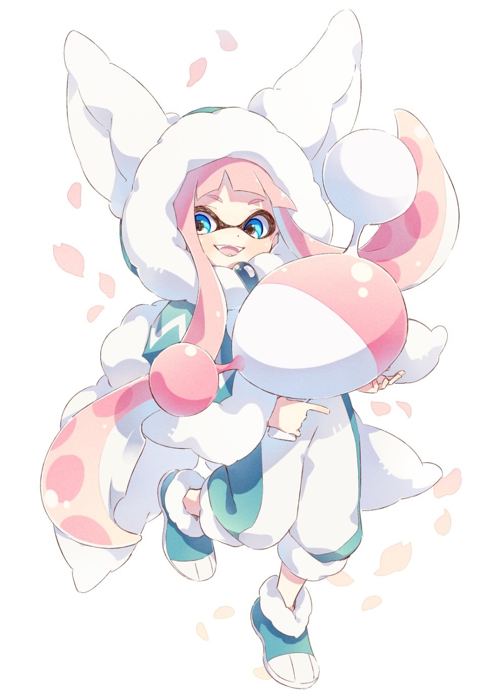 1girl, animal_hood, blue_eyes, blunt_bangs, cape, cat_hood, cherry_blossoms, commentary