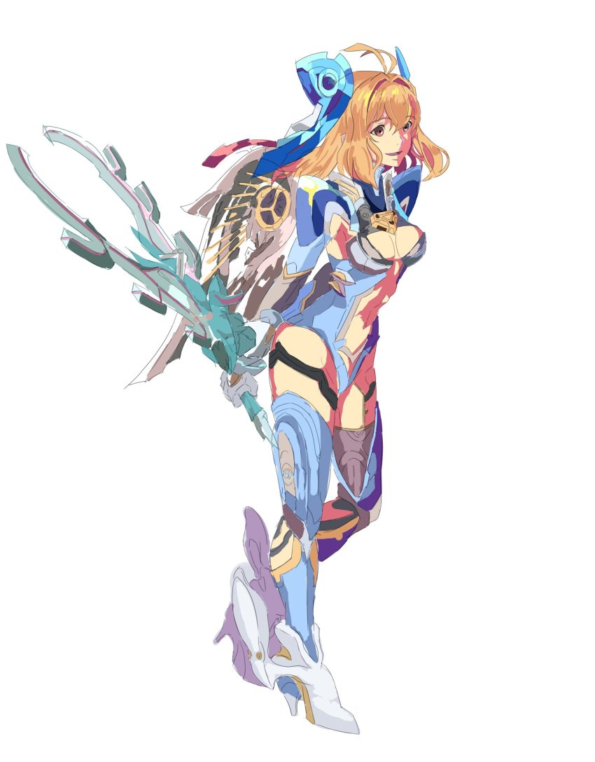 1girl, armor, blonde_hair, blue_eyes, breasts, chouhou_kyokuin, female_focus, fiora_(xenoblade), green_eyes, highres, long_hair, mecha-fiora, mecha-fiora_(speed_cowling), nintendo, open_mouth, short_hair, simple_background, smile, solo, spoilers, sword, weapon, xenoblade_chronicles_(series), xenoblade_chronicles_1, xenoblade_chronicles_2