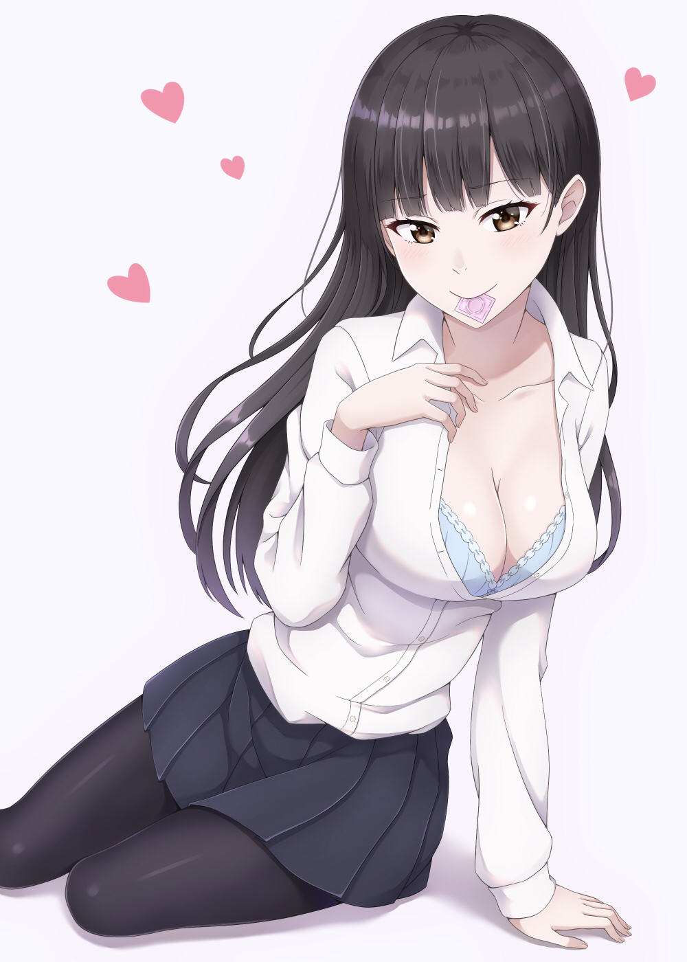 1girl, arm_support, black_hair, black_pantyhose, blue_bra, blunt_bangs, blush, bow