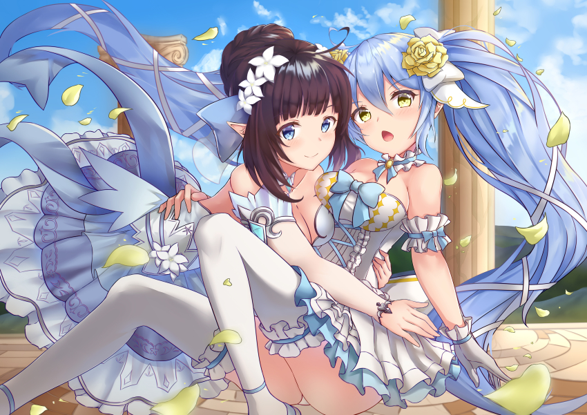 2girls, :o, absurdres, ahoge, arm_garter, ass, bare_shoulders, blue_dress