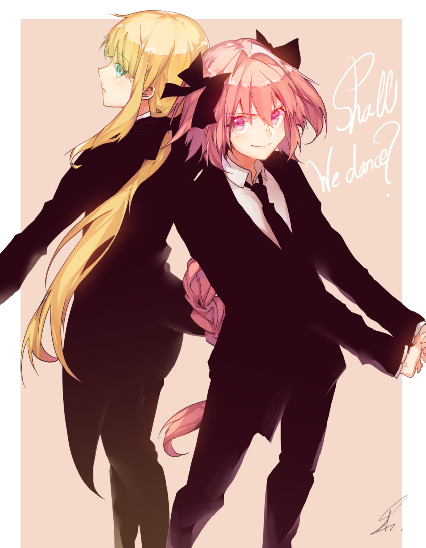 1boy, 1other, alternate_costume, androgynous, astolfo_(fate), black_bow, black_jacket, black_pants
