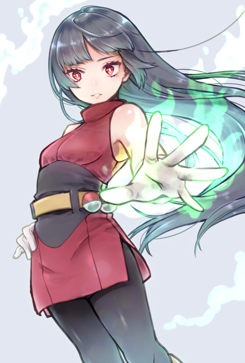 1girl, bare_arms, bare_shoulders, belt, black_hair, blunt_bangs, breasts, cowboy_shot