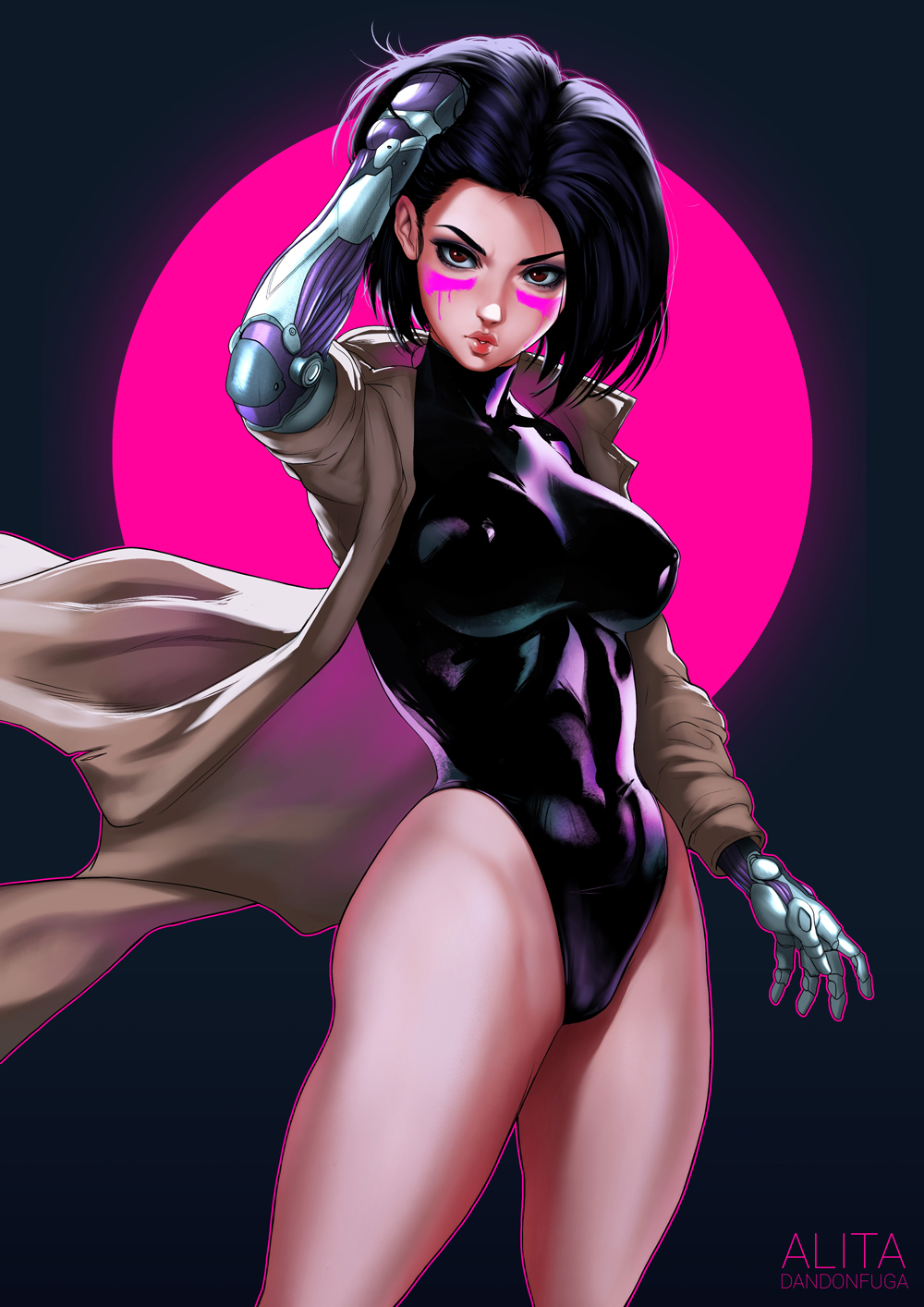 1girl, alita, arm_up, battle_angel_alita, black_background, black_hair, black_leotard, breasts, brown_coat, brown_eyes, character_name, coat, covered_erect_nipples, covered_navel, cyborg, dandon_fuga, facepaint, female_focus, highres, leotard, lips, looking_at_viewer, medium_breasts, parted_lips, short_hair, solo, thick_thighs, thighs