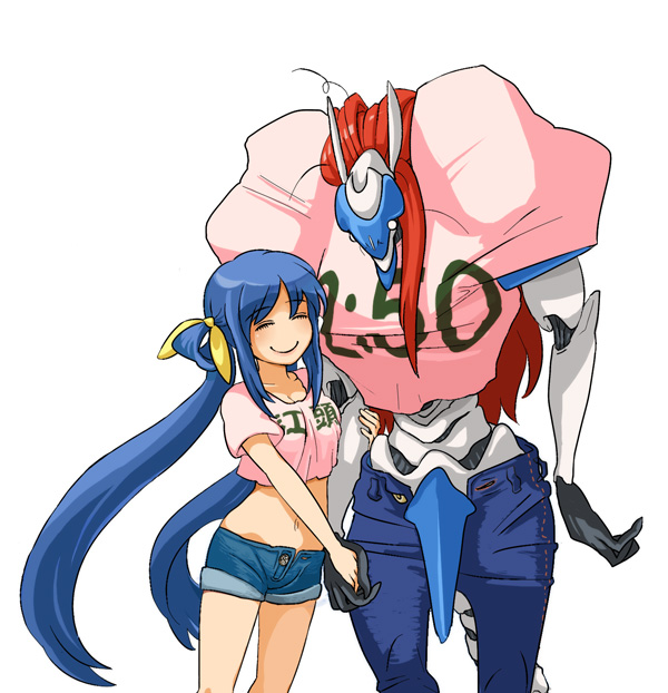 2girls, age_difference, arc_system_works, babydoll_t-shirt, blue_hair, clothes_writing, crop_top, denim, denim_shorts, dizzy_(guilty_gear), family_bonding, guilty_gear, hair_ribbon, hitotsubashi, jeans, justice_(guilty_gear), long_hair, messy_hair, midriff, mother_and_child, mother_and_daughter, multiple_girls, o_o, orange_hair, pants, parent_and_child, ribbon, shorts, simple_background, smile, tank_top, twintails