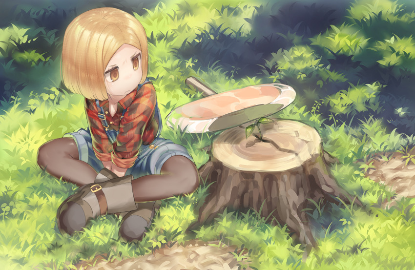 1girl, axe, black_pantyhose, blonde_hair, boots, brown_boots, brown_eyes, child
