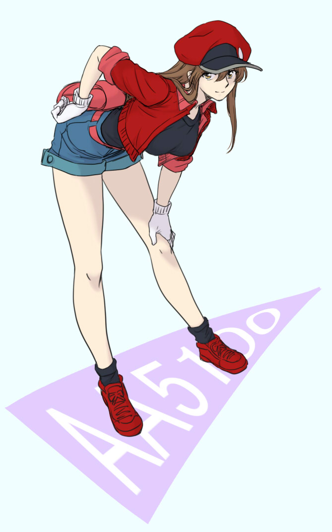 1girl, aa-5100, bare_legs, belt, bent_over, black_shirt, black_socks, blue_background