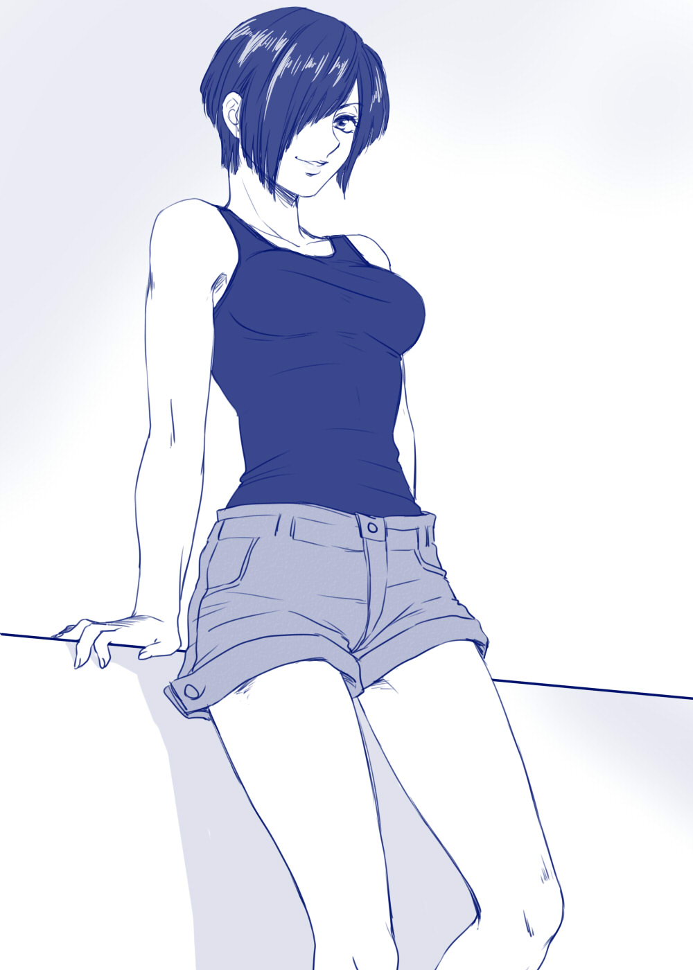 1girl, bare_legs, breasts, cowboy_shot, female_focus, greyscale, grin, hair_over_one_eye, hataraku_saibou, highres, ichiya_(baroque2), lips, looking_at_viewer, medium_breasts, monochrome, nk_cell_(hataraku_saibou), short_hair, short_shorts, shorts, simple_background, sleeveless, smile, solo, standing, tank_top, thighs