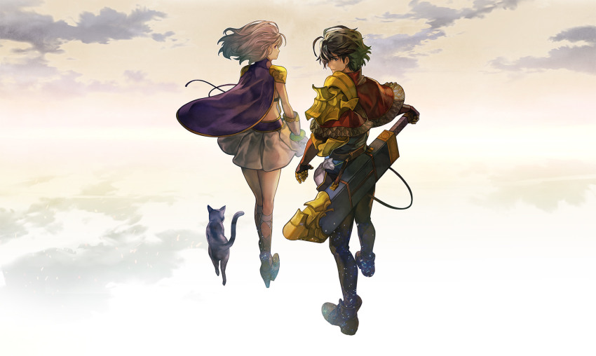 1boy, 1girl, aldo_(another_eden), another_eden, armor, belt, black_cat, black_hair