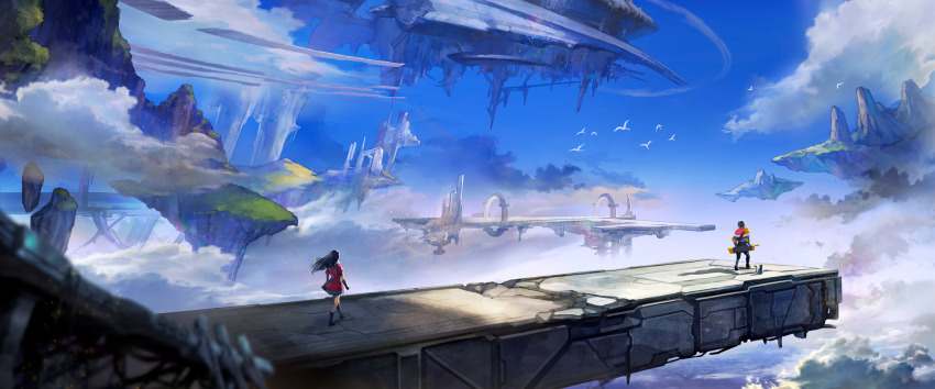 1boy, 1girl, aldo_(another_eden), amy_(another_eden), another_eden, arch, bird, black_hair