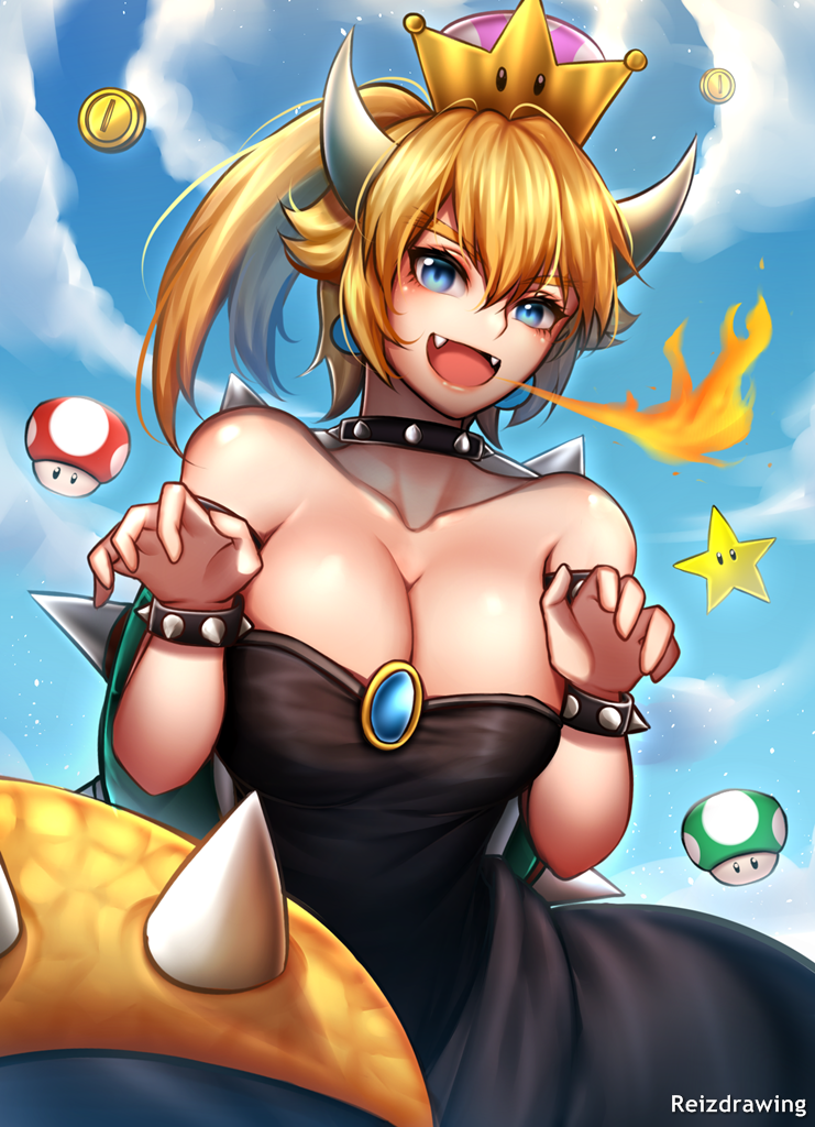 1-up_mushroom, 1girl, artist_name, bare_shoulders, black_dress, blonde_hair, blue_eyes, bowsette