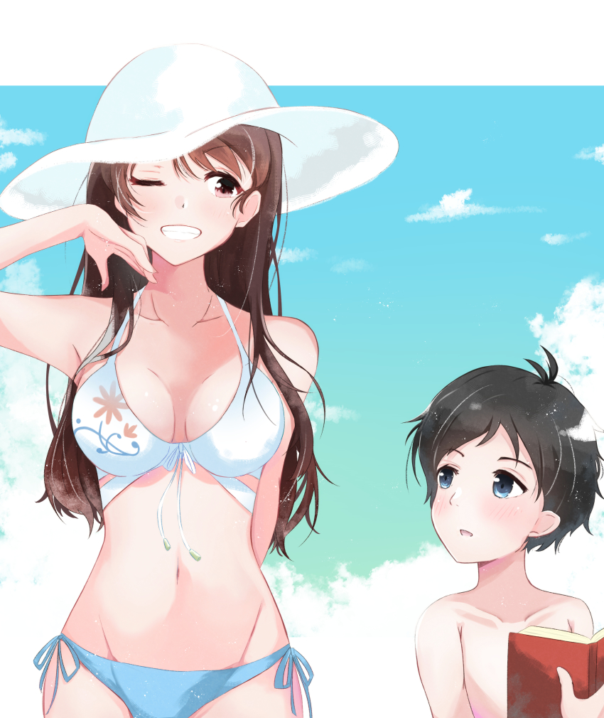 1boy, 1girl, absurdres, age_difference, aoyama-kun_(penguin_highway), armpits, bikini, black_hair, blue_eyes, blue_sky, blush, book, breasts, brown_hair, child, collarbone, day, hat, highres, long_hair, looking_at_another, medium_breasts, navel, one_eye_closed, onee-san_(penguin_highway), onee-shota, outdoors, penguin_highway, side-tie_bikini_bottom, sky, smile, standing, sun_hat, swimsuit, takuro_(taku3949), teenage_girl_and_younger_boy, topless_male, very_long_hair, white_headwear