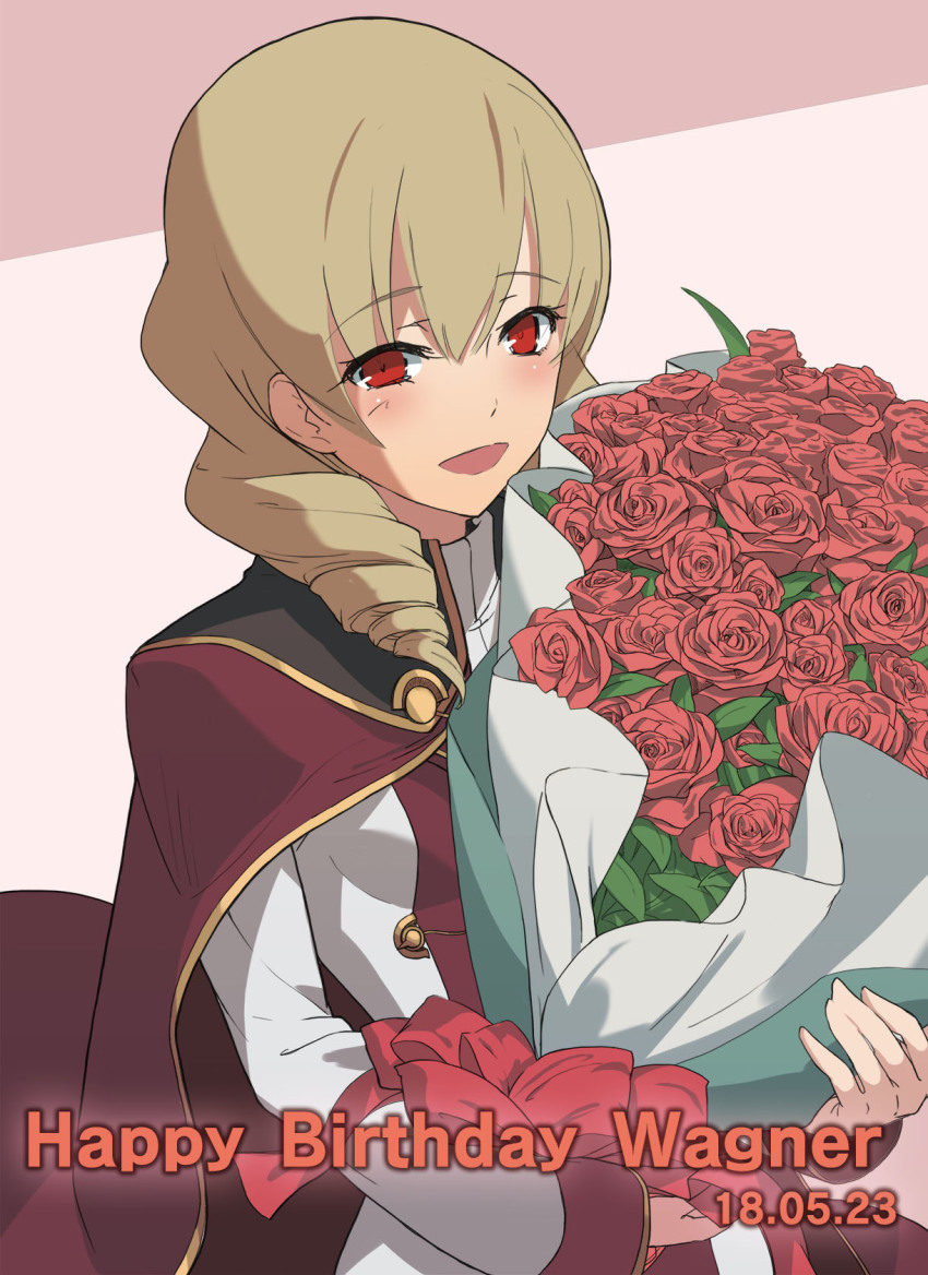 1girl, birthday, blonde_hair, blush, bouquet, cape, drill_hair, erika_wagner, eyebrows_hidden_by_hair, flower, highres, nakahara_yuusuke, official_art, red_cape, red_eyes, rose, simple_background, smile, tagme, under_night_in-birth