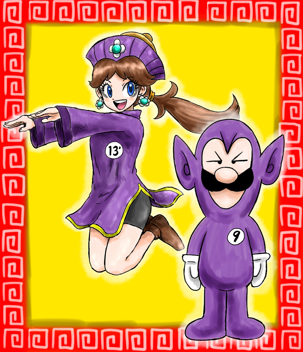 1boy, 1girl, blue_eyes, brown_hair, cosplay, earrings, facial_hair, flower_earrings, gloves, highres, jewelry, jumping, long_hair, luigi, mario_(series), mustache, netorare, nintendo, pionpi, ponytail, princess_daisy, serious, shorts, smile, standing, super_mario_land, super_smash_bros., tatanga, white_gloves