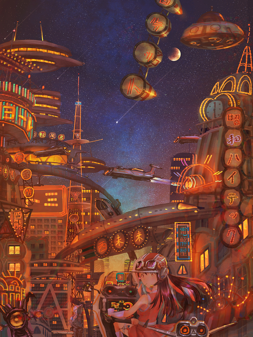 1girl, blurry, brown_eyes, building, city, city_lights, cityscape, dark