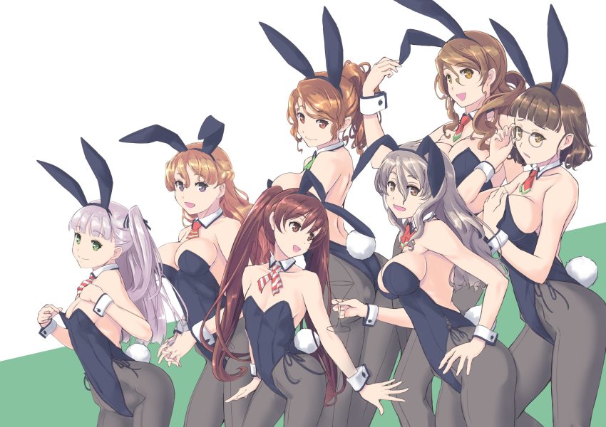 6+girls, :d, animal_ears, aquila_(kancolle), bare_shoulders, blonde_hair, blue_leotard, blunt_bangs