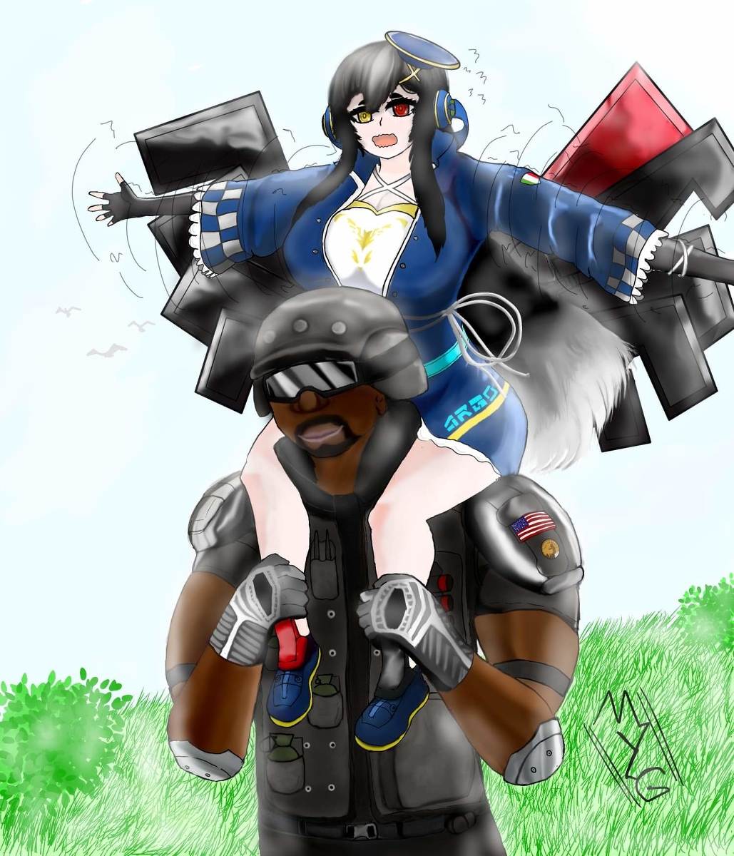 castle_(rainbow_six_siege), girls'_frontline, highres, m1014_(girls'_frontline), rainbow_six_siege, sitting, sitting_on_person, thighs