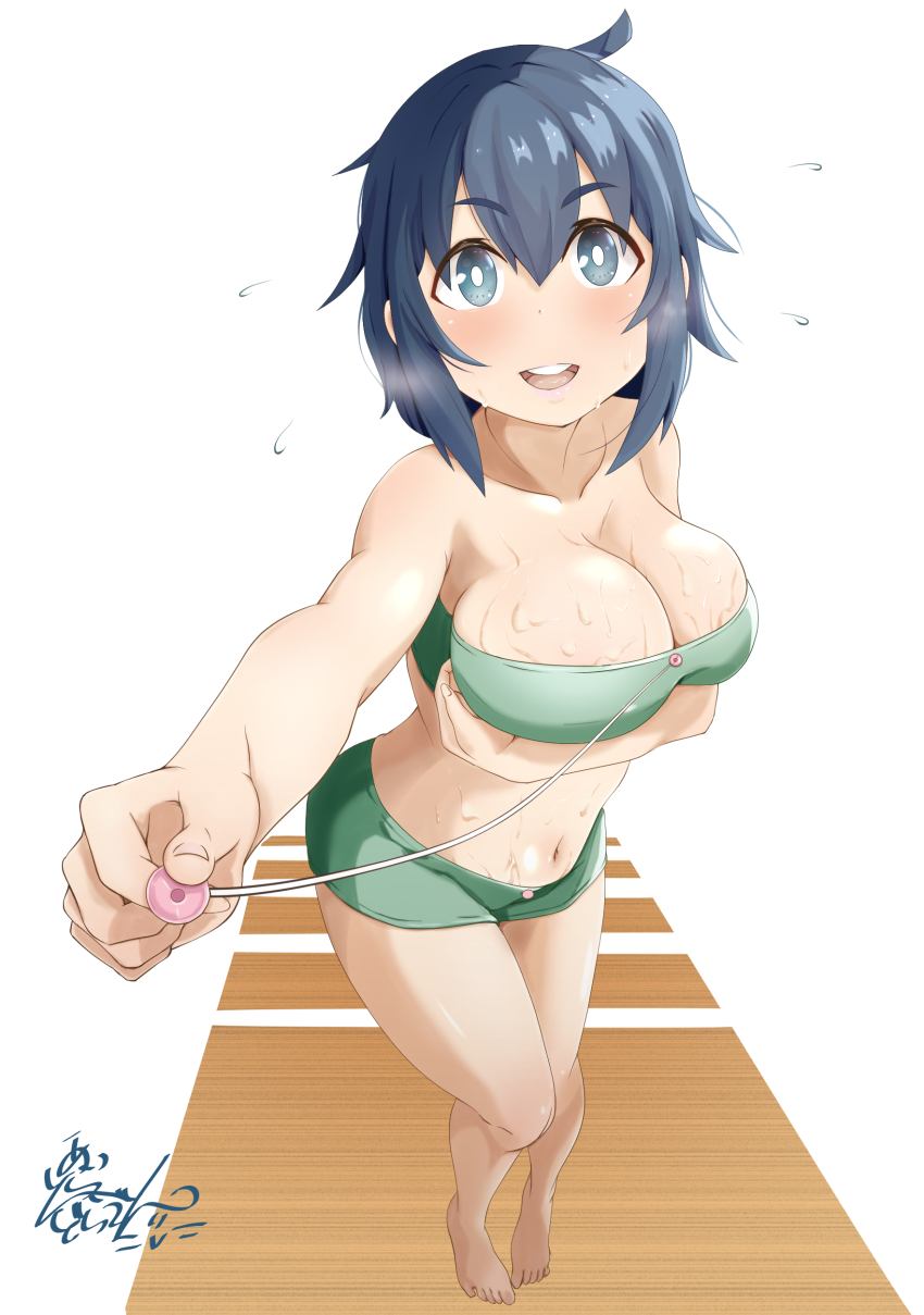 1girl, absurdres, bare_shoulders, blue_eyes, blue_hair, blush, breast_hold, breasts, cable, cleavage, collarbone, commentary_request, crop_top, female_focus, flying_sweatdrops, foreshortening, full_body, green_shorts, highres, holding, holding_cable, island_lagoon, large_breasts, legs, looking_at_viewer, medium_hair, navel, nishihara, open_mouth, outstretched_arm, short_shorts, shorts, signature, simple_background, solo, sweat, thighs, ueno-san_wa_bukiyou, underwear, white_background, wooden_floor