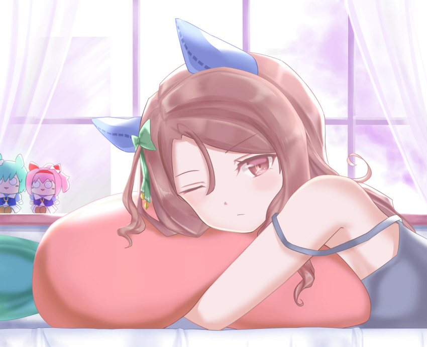1girl, bad_id, bad_pixiv_id, blue_shirt, bow, character_doll, character_request, commentary_request, curtains, doll, female_focus, from_side, green_bow, hair_bow, horse_girl, hugging_object, king_halo_(umamusume), long_hair, looking_at_viewer, morning, on_bed, one_eye_closed, pillow, pillow_hug, shirt, solo, strap_slip, totosionz, umamusume, waking_up, window, windowsill