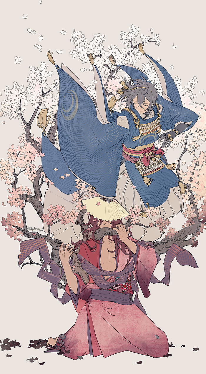 2boys, agnesgd, beige_background, black_gloves, black_hair, branch, cherry_blossoms, closed_mouth