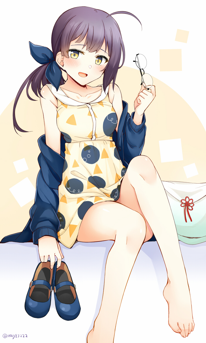 1girl, ahoge, asymmetrical_bangs, bag, barefoot, blue_jacket, blue_shoes, dress, feet, feet_out_of_frame, female_focus, fujinami_(autumn)_(kancolle), fujinami_(kancolle), hair_ribbon, holding, holding_removed_eyewear, holding_shoes, holding_unworn_clothes, jacket, kantai_collection, long_hair, mary_janes, multicolored_dress, purple_hair, revision, ribbon, rui_shi_(rayze_ray), shoes, side_ponytail, sitting, sleeveless, sleeveless_dress, smile, solo, toes, twitter_username, two-tone_background, unworn_eyewear, unworn_shoes, white_ribbon, yellow_dress, yellow_eyes