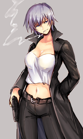 1girl, belt, black_coat, black_pants, breasts, cigarette, cleavage, coat