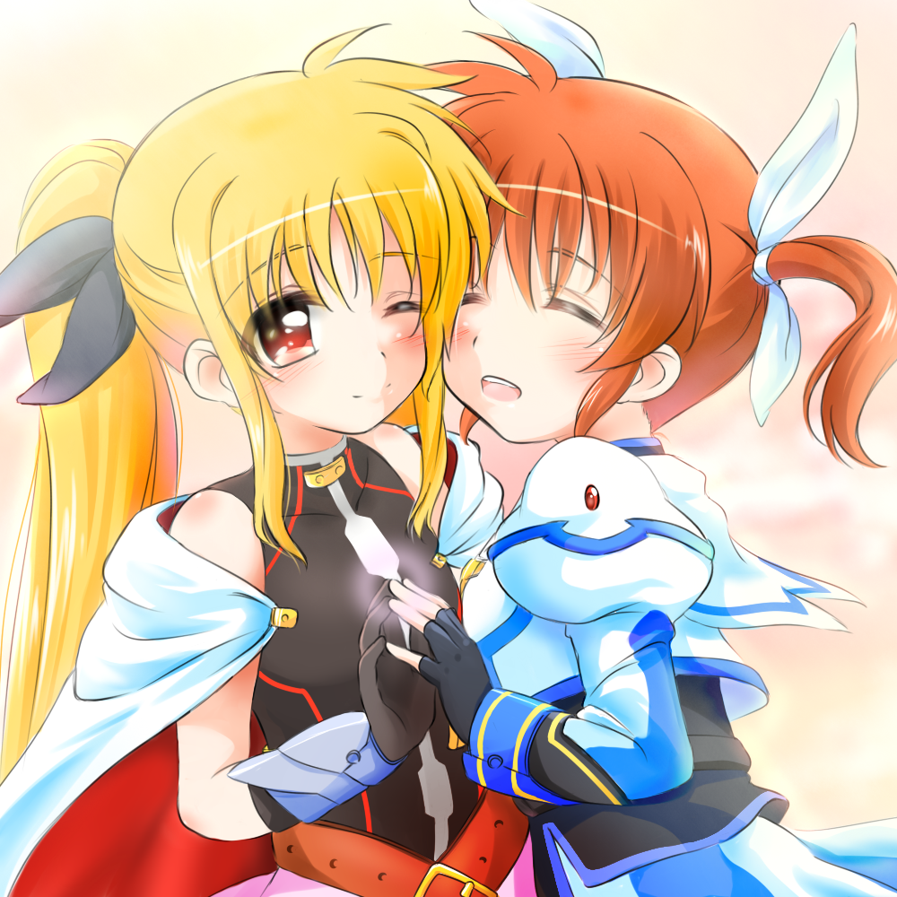 2girls, blonde_hair, blush, closed_eyes, couple, fate_testarossa, fate_testarossa_(blaze_form), happy