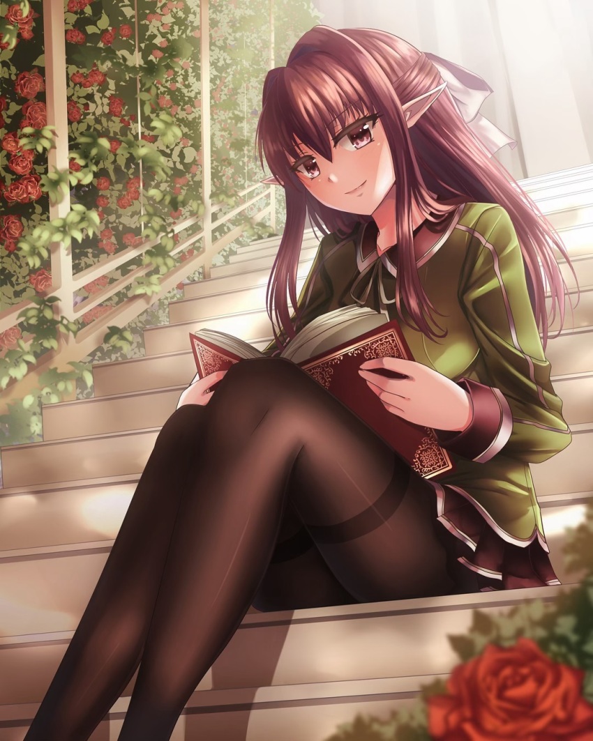 1girl, ateliae, bad_id, bad_instagram_id, black_pantyhose, book, breasts, brown_eyes