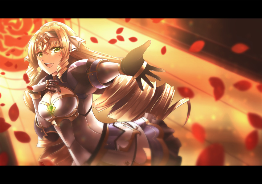 1girl, :d, ateliae, black_gloves, blonde_hair, breasts, cleavage, dress