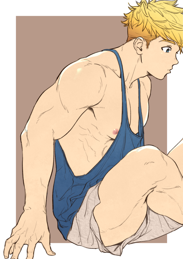 1boy, arm_support, bad_id, bad_twitter_id, blonde_hair, blue_eyes, blue_shirt, brown_background, gakki_(gaku_suru), granblue_fantasy, loose_clothes, loose_shirt, male_focus, nipple_slip, nipples, outside_border, shirt, shorts, simple_background, solo, tank_top, thighs, toned, toned_male, vane_(granblue_fantasy)