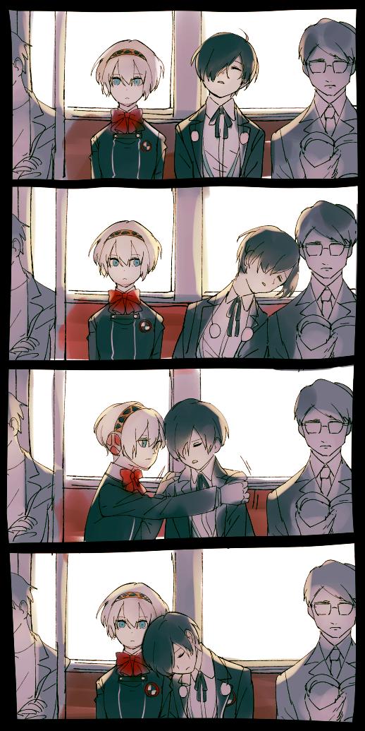 1girl, 3boys, aigis_(persona), black_hair, black_jacket, blazer, blonde_hair, blue_eyes