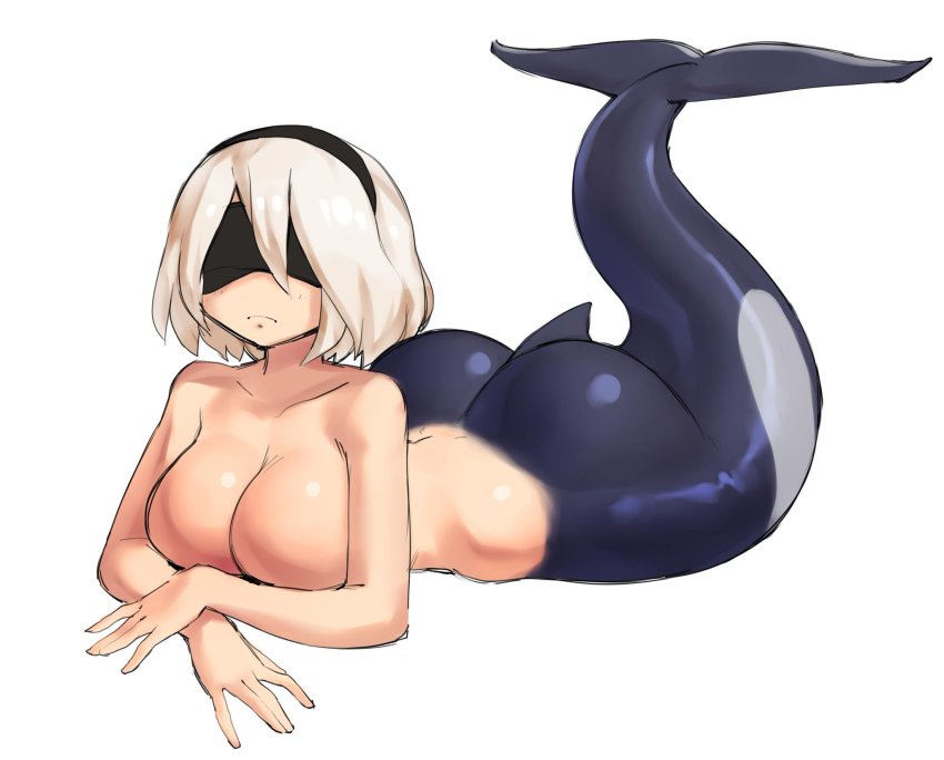 1girl, 2b_(nier:automata), ass, borvar, breasts, closed_eyes, fins, fish_tail, hand_on_own_chest, headband, higher_resolution_available, highres, large_breasts, mermaid, monster_girl, monsterification, nier:automata, nier_(series), tail, white_background, white_hair