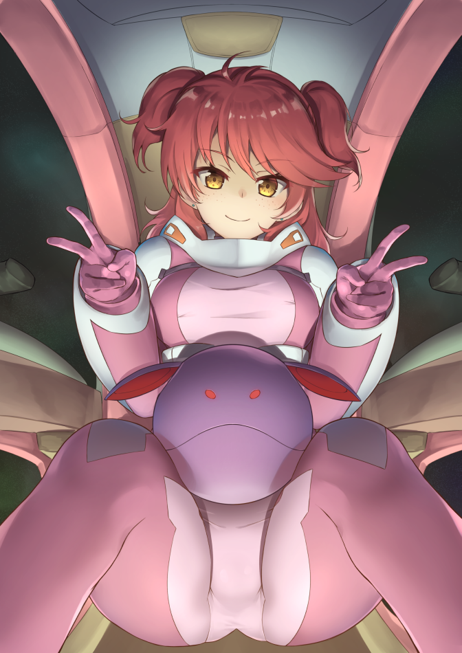 1girl, bad_haro, breasts, double_v, earrings, female_focus, freckles, gun