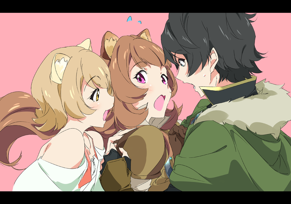 1boy, 2girls, animal_ear_fluff, animal_ears, black_hair, blonde_hair, brown_hair, green_eyes