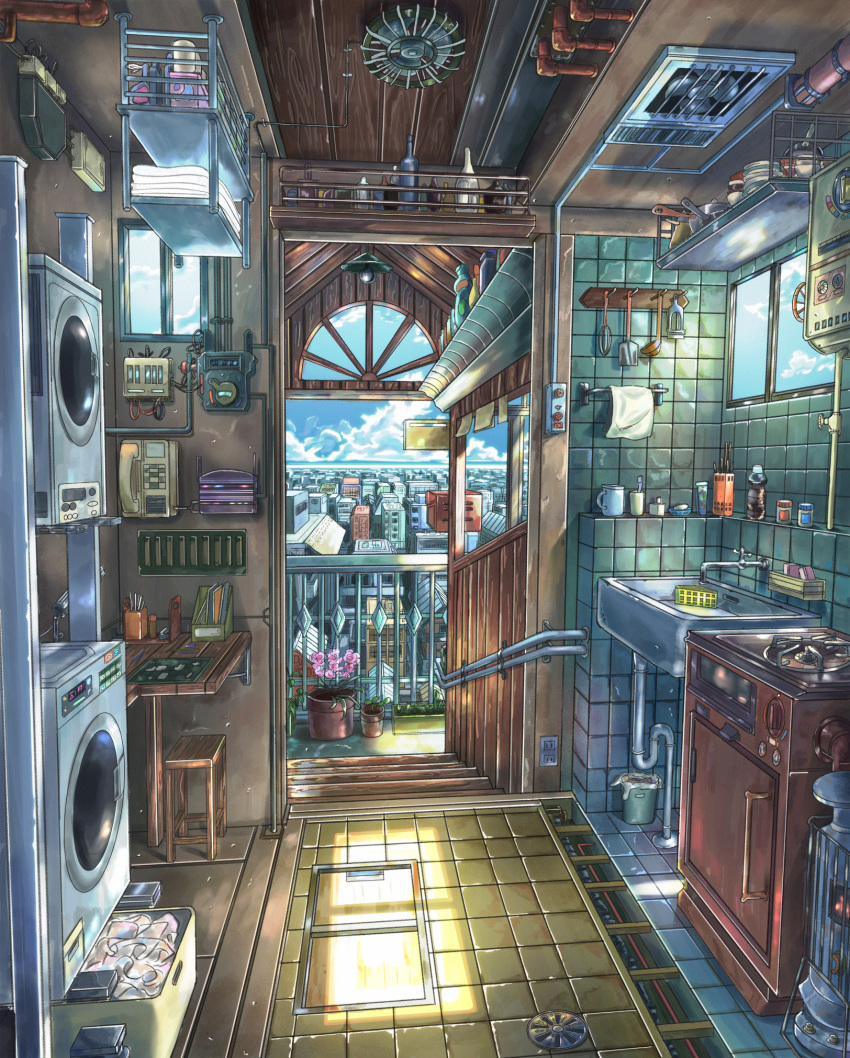 absurdly_detailed_composition, balcony, blue_theme, boiler, bottle, ceiling_fan, city, clothes, clothes_dryer, commentary_request, cup, day, doorway, electricity_consumer_unit, electricity_meter, faucet, fire, fire-guard, furnace, graphite_(medium), heater, highres, indoors, industrial_pipe, kerosene_heater, kitchen, ladle, loaded_interior, modem, mug, no_humans, original, phone, photoshop_(medium), plant, potted_plant, qdsn, railing, roomscape, scenery, shelf, sink, spandrel_window, spark_plug, spatula, stairs, stool, stove, tiles, toothbrush, towel, traditional_media, trap_door, trash_can, washing_machine, whisk, window_extractor_fan, window_fan