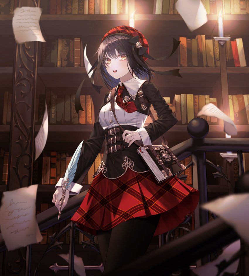 1girl, absurdres, black_hair, book, bookshelf, breasts, brown_eyes, cecil86