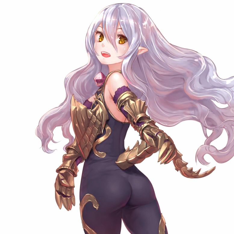 1girl, ass, bad_id, bad_pixiv_id, bare_shoulders, bodysuit, elbow_gloves, female_focus, from_behind, gauntlets, gem, gloves, granblue_fantasy, hair_between_eyes, headpiece, light_purple_hair, long_hair, looking_at_viewer, looking_back, medusa_(shingeki_no_bahamut), nyaa_(nyaanyaa), open_mouth, pointy_ears, shingeki_no_bahamut, simple_background, solo, tail, very_long_hair, wavy_hair, white_background, yellow_eyes
