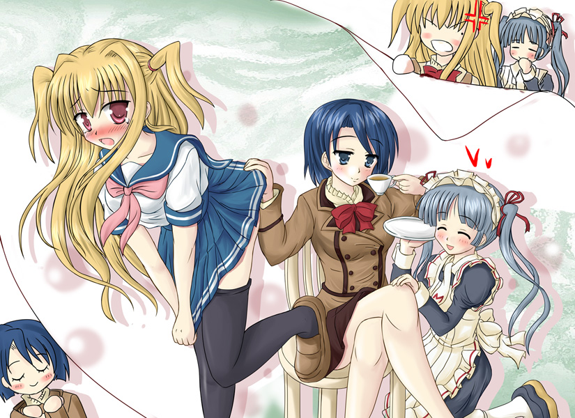 00s, 1boy, 2girls, blonde_hair, blush, cup, hair_ribbon, hiiragi_tomoka