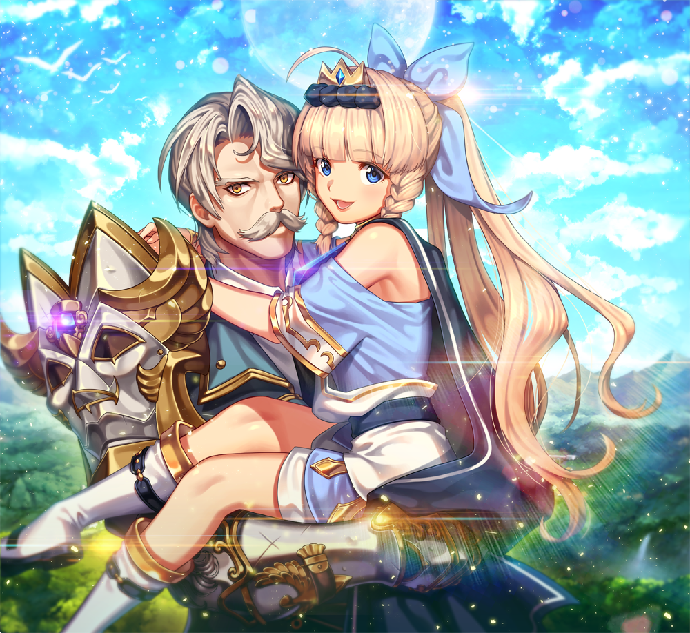 2boys, :d, ahoge, aither_(epic_seven), armor, blonde_hair, blue_bow, blue_eyes, blue_sky, blunt_bangs, bow, braid, brown_eyes, carrying, charles_(epic_seven), crown, day, epic_seven, facial_hair, grey_hair, hair_bow, long_hair, male_focus, multiple_boys, mustache, open_mouth, outdoors, ponytail, short_sleeves, sky, smile, standing, twin_braids, very_long_hair, white_footwear