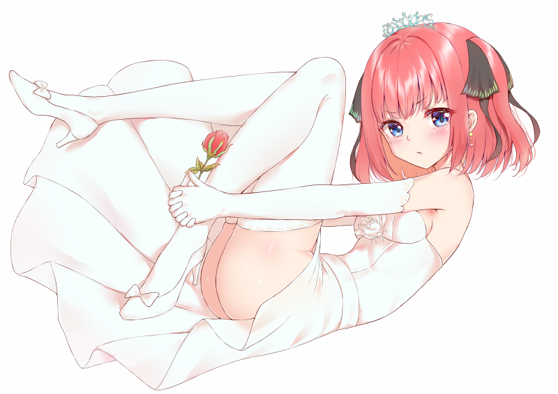 1girl, ass, bare_shoulders, blue_eyes, blush, bow, breasts, bride