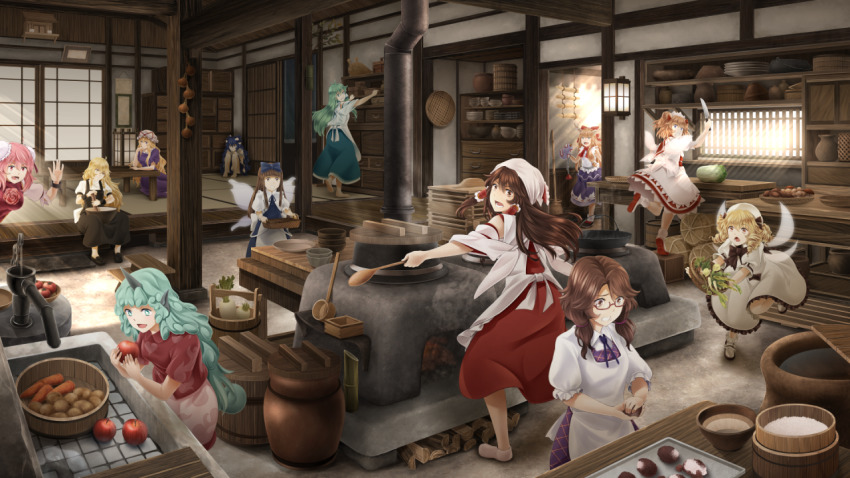 6+girls, :d, ahoge, apple, apron, arkatopia, arm_up, bamboo_shoot, bare_shoulders, barefoot, beret, black_bow, black_dress, black_footwear, black_ribbon, blonde_hair, blue_bow, blue_dress, blue_eyes, blue_hair, blue_skirt, blunt_bangs, bow, bowl, bowtie, breasts, broom, brown_eyes, brown_hair, bucket, bun_cover, cabbage, capelet, carrot, clenched_teeth, cloud_print, commentary_request, daikon, debt, detached_sleeves, double_bun, dress, drill_hair, fairy_wings, firewood, flower, food, from_behind, fruit, glasses, gourd, green_eyes, green_hair, grey_hoodie, hair_between_eyes, hair_bow, hair_bun, hair_tubes, hakurei_reimu, hand_pump, hand_up, hat, hat_ribbon, head_tilt, headscarf, hishaku, holding, holding_food, holding_fruit, holding_knife, holding_spoon, hood, hoodie, horns, ibaraki_kasen, ibuki_suika, indoors, jar, kirisame_marisa, kitchen_knife, knees_up, knife, kochiya_sanae, komano_aunn, light_rays, long_hair, long_sleeves, looking_back, low_twintails, luna_child, medium_breasts, missing_headwear, mob_cap, multiple_girls, mushroom, neck_ribbon, oni, oni_horns, onion, open_mouth, orange_hair, pillar, pink_flower, pink_hair, pink_rose, plaid_clothes, plaid_dress, plate, potato, purple_dress, radish, red-framed_eyewear, red_bow, red_dress, red_eyes, red_footwear, red_ribbon, red_shirt, ribbon, rice, rose, shadow, shirt, shoes, short_hair, short_sleeves, shorts, shouji, sidelocks, single_horn, sitting, skirt, sliding_doors, smile, socks, spoon, standing, standing_on_one_leg, star_sapphire, steam, sunny_milk, tabard, table, tatami, teeth, touhou, tripping, twintails, two_side_up, usami_sumireko, very_long_hair, waist_apron, warabi, water_pump, white_apron, white_capelet, white_dress, white_headwear, white_legwear, white_shirt, white_shorts, wide_sleeves, wings, wooden_bucket, wooden_spoon, wrist_cuffs, yakumo_yukari, yellow_eyes, yorigami_shion