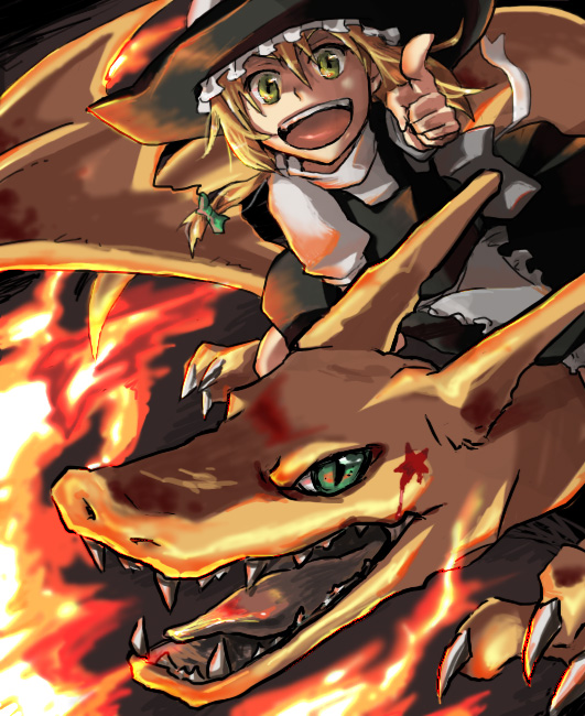 1girl, :d, bad_id, bad_pixiv_id, blonde_hair, blood, bow, charizard, crossover, fire, gen_1_pokemon, green_eyes, hair_bow, hat, kirisame_marisa, kuroda_(artist), kuroda_(nanchara_flight), kuroda_(pixiv260283), nintendo, open_mouth, pointing, pokemon, pokemon_(creature), ribbon, riding, riding_pokemon, smile, star_(symbol), touhou, witch, witch_hat, yellow_eyes