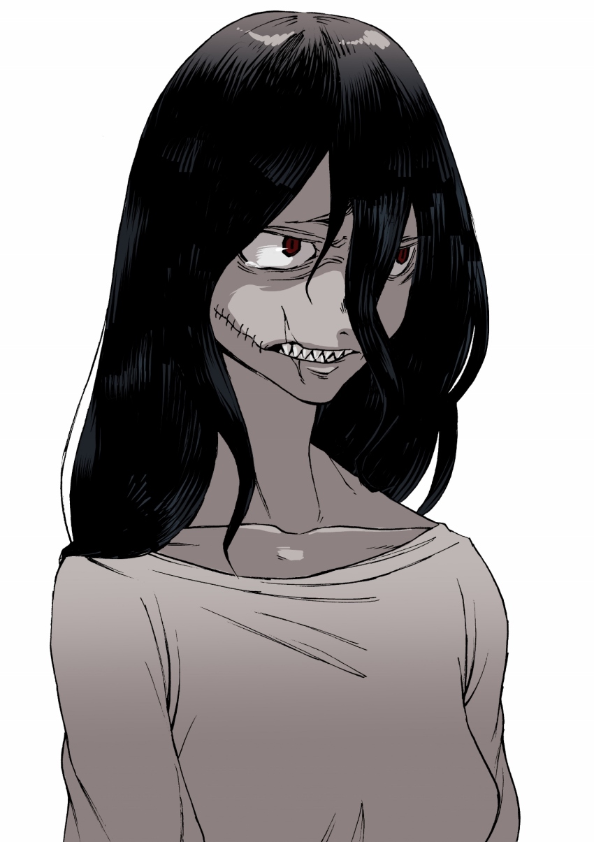 1girl, angry, bags_under_eyes, black_hair, collarbone, female_focus, fuchi_kasane, glasgow_smile, hair_between_eyes, highres, kantoqyoiko, kasane_(matsuura_daruma), pale_skin, red_eyes, scar, scar_on_face, scowl, sharp_teeth, simple_background, solo, teeth, white_background