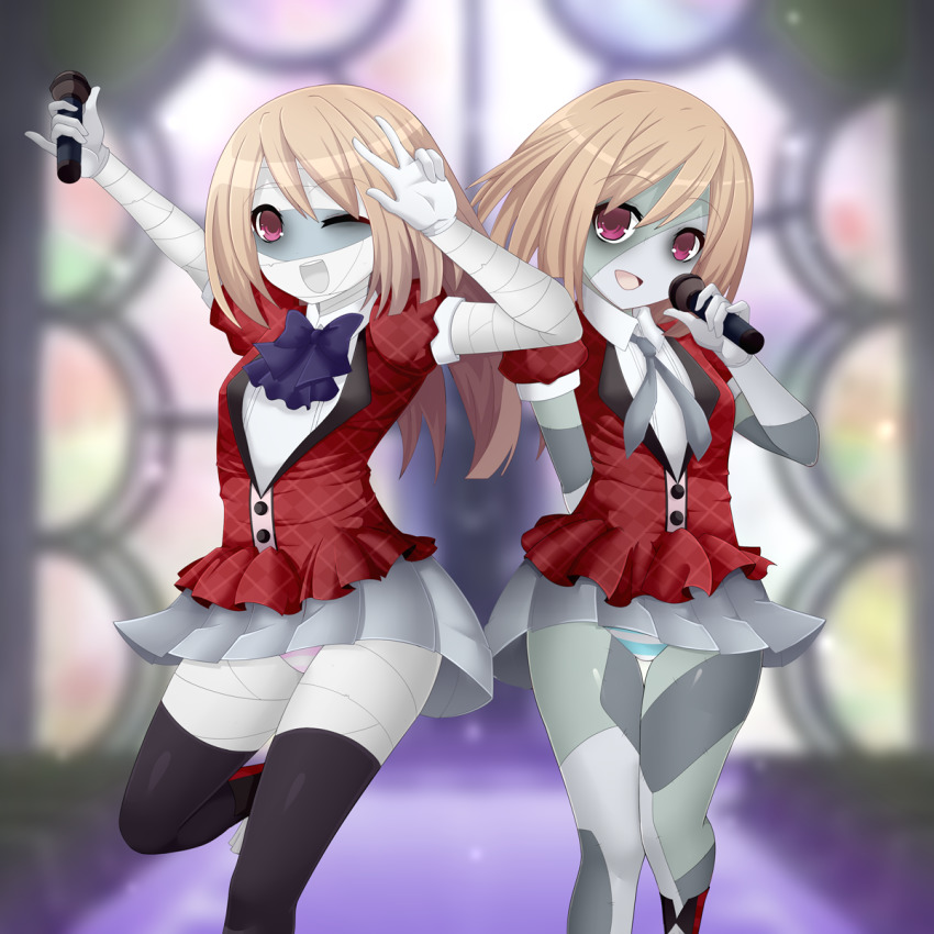 2girls, :d, ;d, bandage_on_face, bandaged_arm, bandaged_leg, bandages, black_legwear
