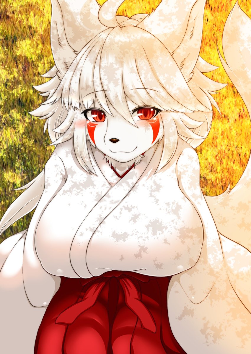 1girl, female_focus, furry, furry_female, highres, japanese_clothes, long_hair, megane_inu, mik_(notdomiq), red_eyes, solo, white_hair